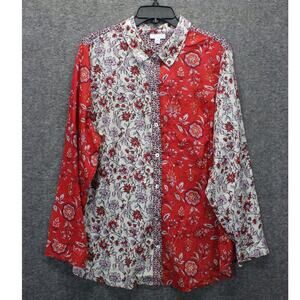 J Jill Cream Red Floral Mixed Fabric Button Down Shirt Womens 2X Long Sleeve Top